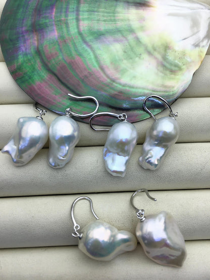 AAA 13-18mm white flame ball pearl dangle earrings,sterling silver,earring with white baroque Natural Pearl,SE3-031-18