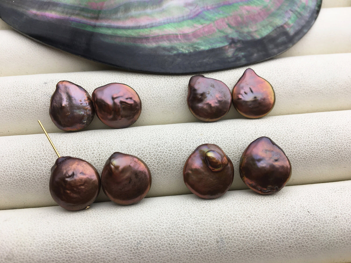 2 pairs AA+ 12-13mm Brown Coin Freshwater Pearl Brown loose Beads Piar,ZS-103-37-49