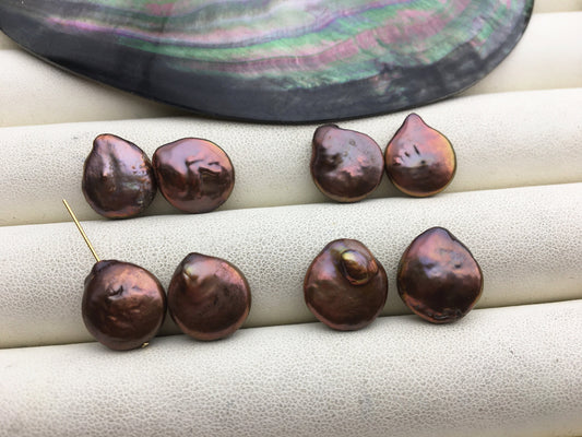 2 pairs AA+ 12-13mm Brown Coin Freshwater Pearl Brown loose Beads Piar,ZS-103-37-49