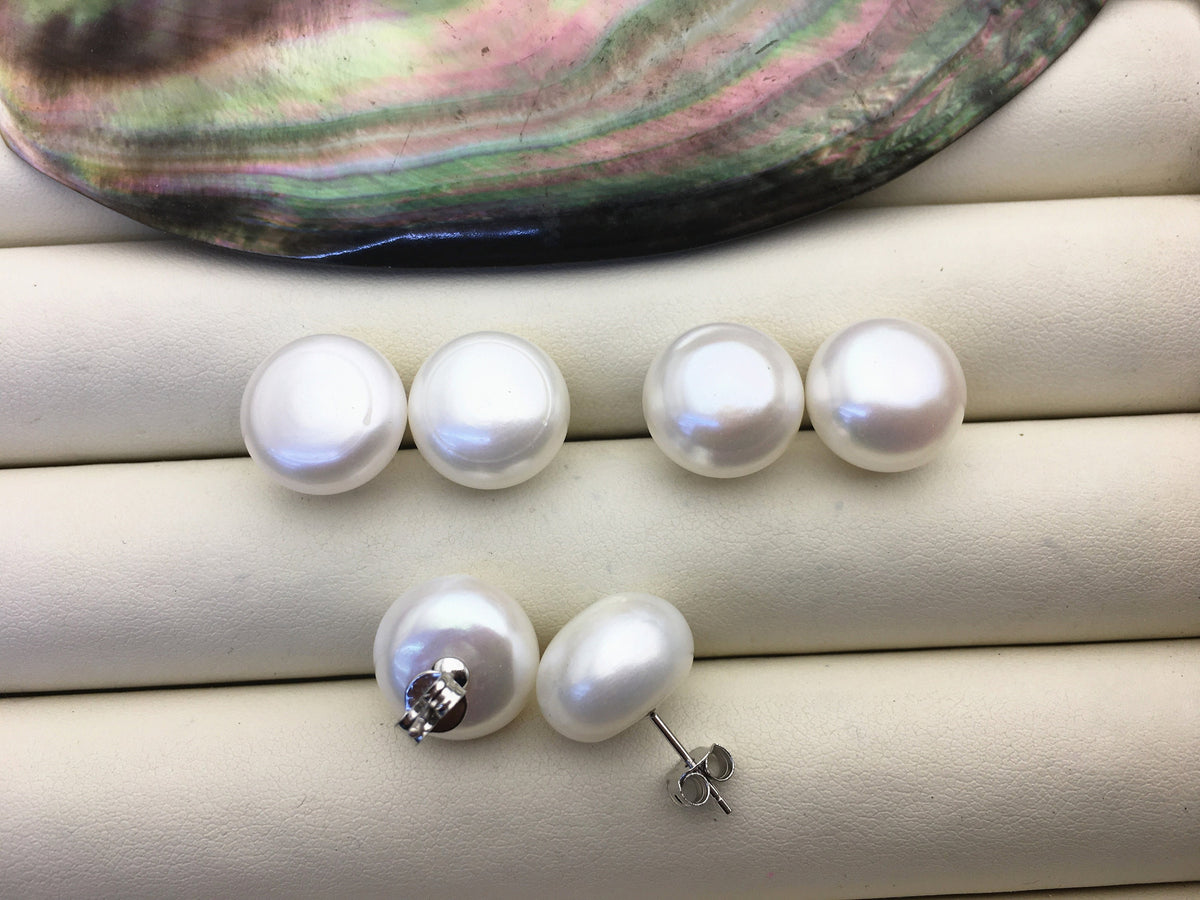 1 pair AA 13-14mm big white baroque round Pearl Stud Earrings, freshwater pearl earrings, classic pearl studs, SE1-069-22