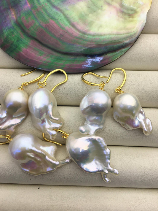 30% OFF AAA 14-19mm white flame ball pearl dangle earrings, sterling silver, earring with white baroque Natural Pearl, SE3-031-30