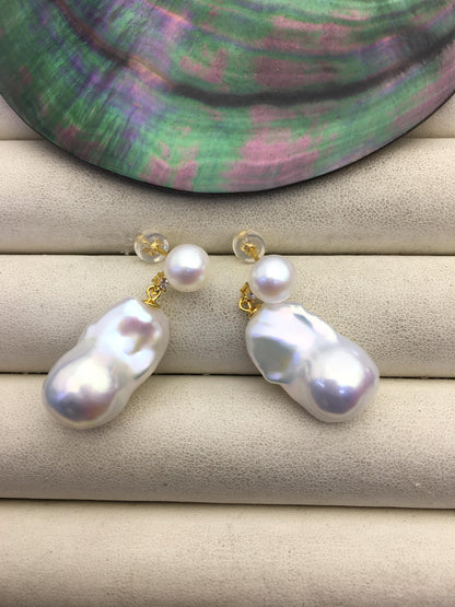 1 pair AAA 13-16mm flame ball pearl diamond stud earrings, sterling silver, earring with white baroque Natural Pearl, SE3-031-37