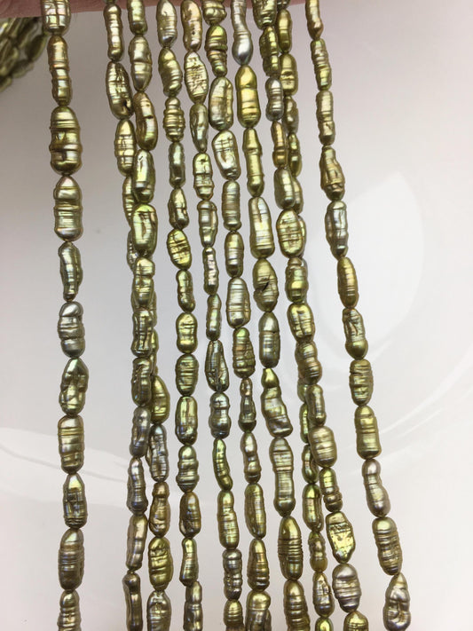 AA 4-5mm green brown toothpick Biwa Pearl Necklace,Genuine Fresh Water Pearl,Wedding Necklace,Mothers Day,ZS-80-10-20