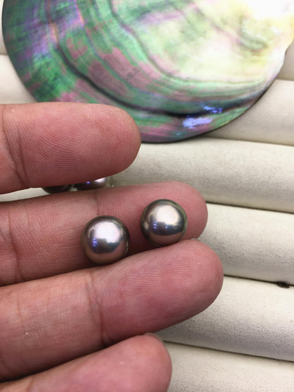 1 pair AAA 10.5-11mm gray rainbow round edison pearl stud earrings, S925 Sterling Silver stud earrings, wedding pearl earrings, SE3-T9-10
