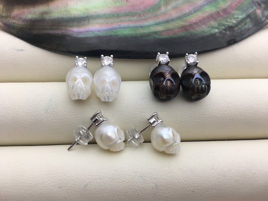 AAA White/Black Carved Skull Freshwater Pearl Stud Earrings,Pearl Earrings for Women Girls,SE3-027-20