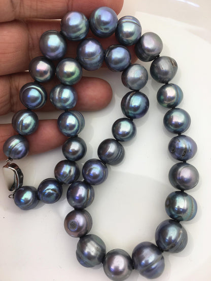 18 inches 11.5-12.5mm big AA Black Deep Blue potato freshwater Pearl necklace, genuine freshwater Pearl necklace, NPN1-122-3