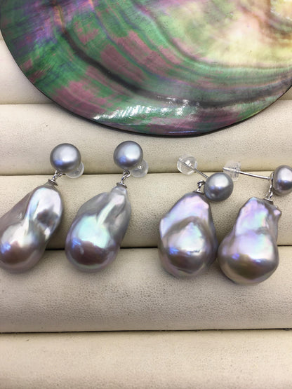 1 pair AAA 13-16mm gray flame ball pearl diamond stud earrings, sterling silver, earring with white baroque Natural Pearl, SE3-031-7