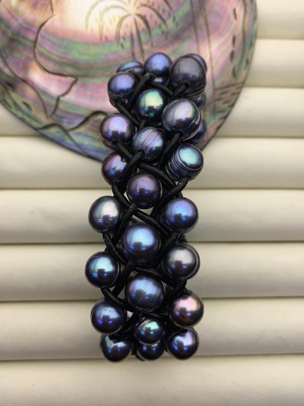 3 rows Black pearl bracelet, Leather Pearls Bracelet, Handmade Cuff, Black Pearls on Black Leather, Tan leather bracelet, Le8-029