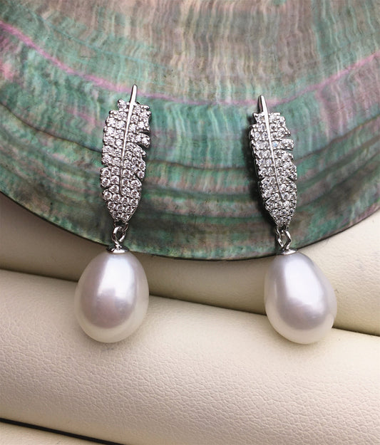 AAA 9mm Feather White rice pearl cz stud earrings, zircon S925 Sterling Silver pearl earrings, SE3-055