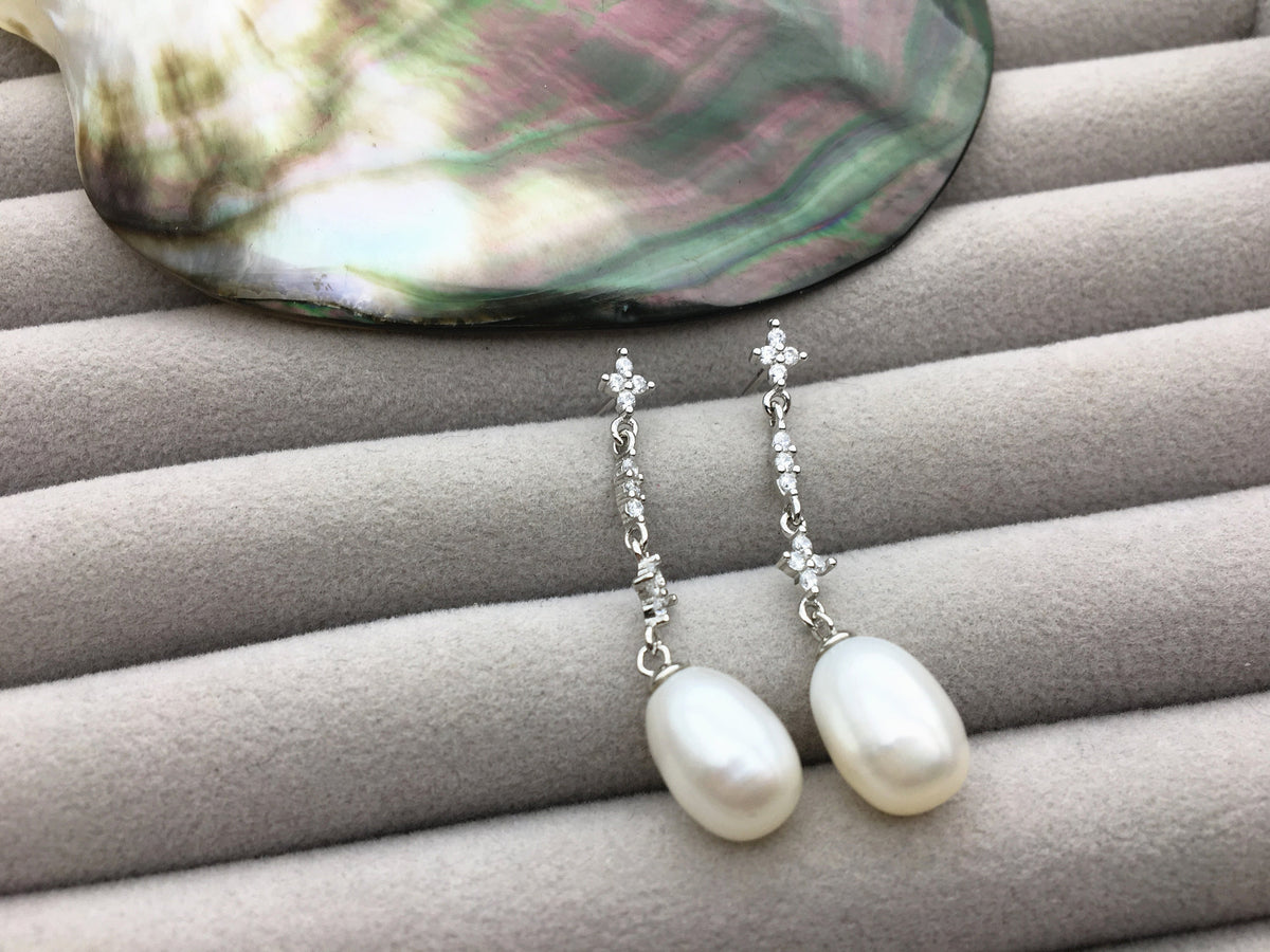 AAA 9mm White rice pearl stud earrings,S925 Sterling Silver pearl earrings,pearl for women for girl,SE3-134