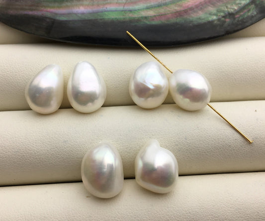 2 pairs AAA 10.4-11.4mm White Nugget Freshwater Pearl White loose Beads Pair, 0.9mm through hole, no hole, wholesale, ZS-103-37-8