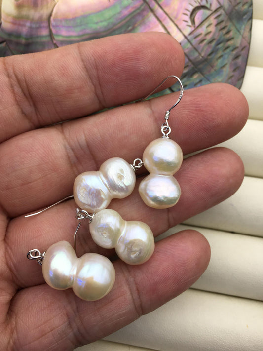 1 pair AA+ 11-13mm White gourd baroque pearl dangle earrings, S925 Sterling Silver dangle earrings, wedding pearl earrings, SE3-T10