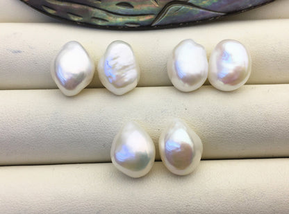 2 pairs AAA 10.4-11.4mm White Nugget Freshwater Pearl White loose Beads Pair, 0.9mm through hole, no hole, wholesale, ZS-103-37-8