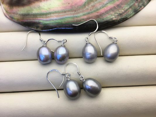 1 pair AAA 9.5-10mm gray long rice pearl dangle earrings, Sterling Silver, dangle pearl earrings, wedding earring, bridal, SE3-T59