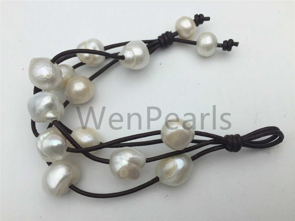 13-15mm very very big pearl - 4 rows Leather Pearls Bracelet - Genuine freshwater pearl - Real leather - Le7-082