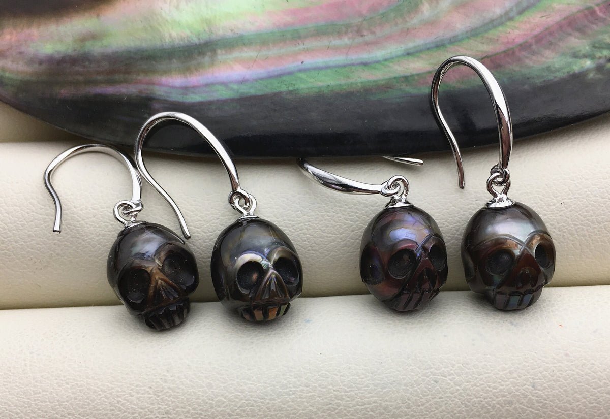 AAA 8mm white/pink/purple/gray/black HandMade Carved Skull Freshwater Pearl Dangle Earrings, Pearl Earrings for Women Girls, SE3-027-3