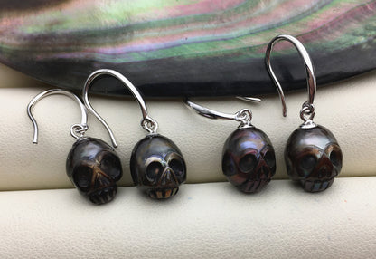 AAA 8mm white/pink/purple/gray/black HandMade Carved Skull Freshwater Pearl Dangle Earrings, Pearl Earrings for Women Girls, SE3-027-3