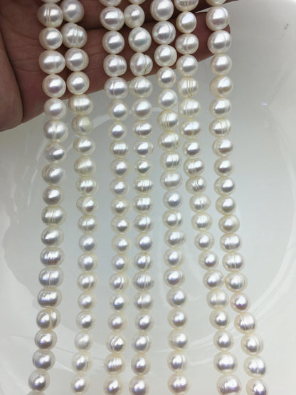 AA+ 6.5-7.5x8-8.5mm White Near round pearls, around 52 beads, potato shape pearl, Full Strand, Freshwater Pearl Near round Beads, CR7-2A-4