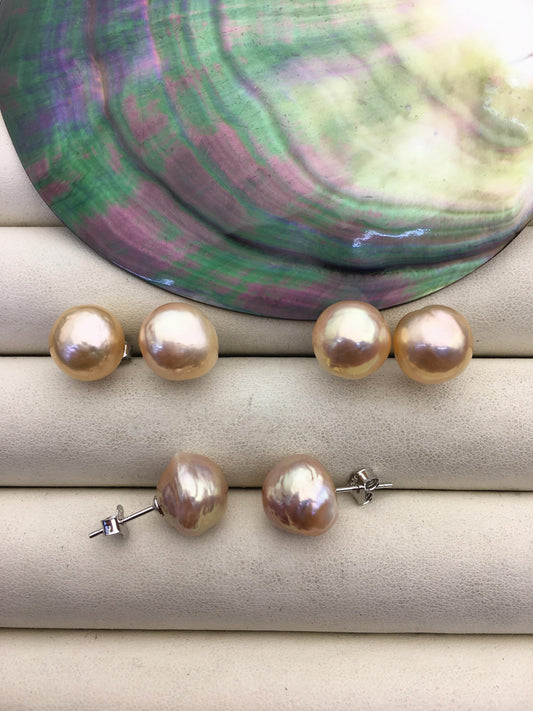 1 pair AAA 8-13mm natural rainbow near round edison pearl stud earrings,S925 Sterling Silver stud earrings,SE3-T9-52