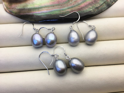 1 pair AAA 9.5-10mm gray long rice pearl dangle earrings, Sterling Silver, dangle pearl earrings, wedding earring, bridal, SE3-T59
