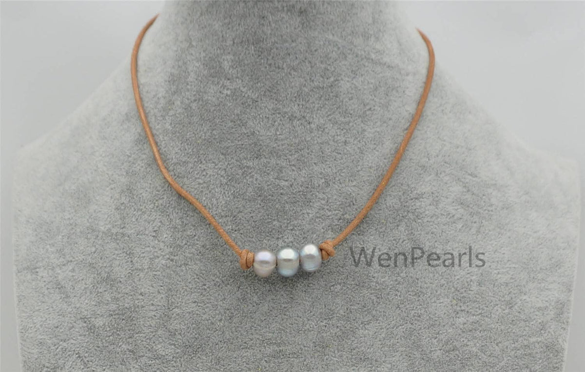 Three Gray pearl choker necklace, Leather Pearl Choker, Pearl Leather Necklace,Black Leather Pearl necklace,Le4-088