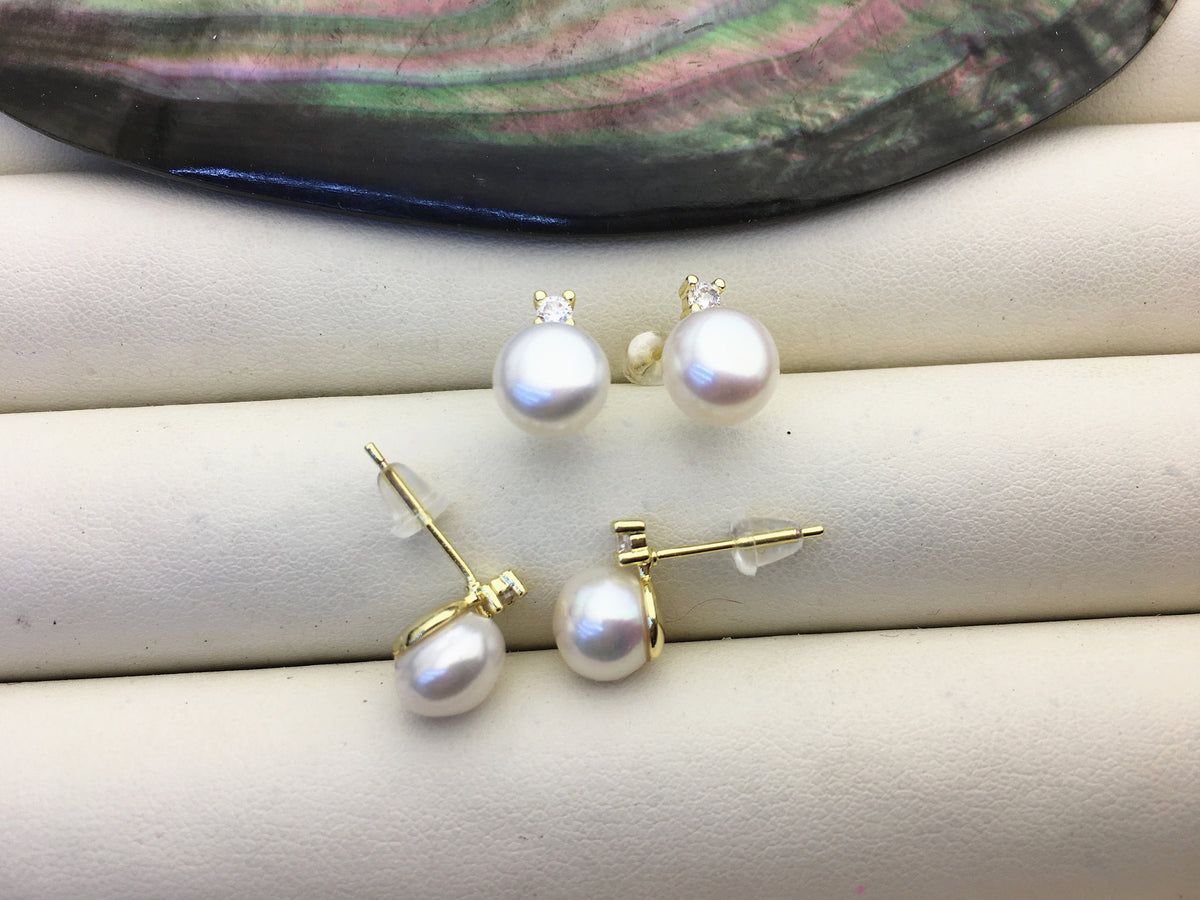 2 pairs AAA white 7.5-8mm button round pearl stud earring wedding,SE3-008-5