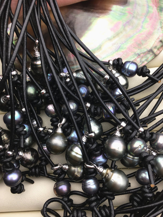 18'' 11-12mm big Tahitian Pearl Necklace,Black Leather necklace, S925 sterling silver pendant necklace,NPN1-004