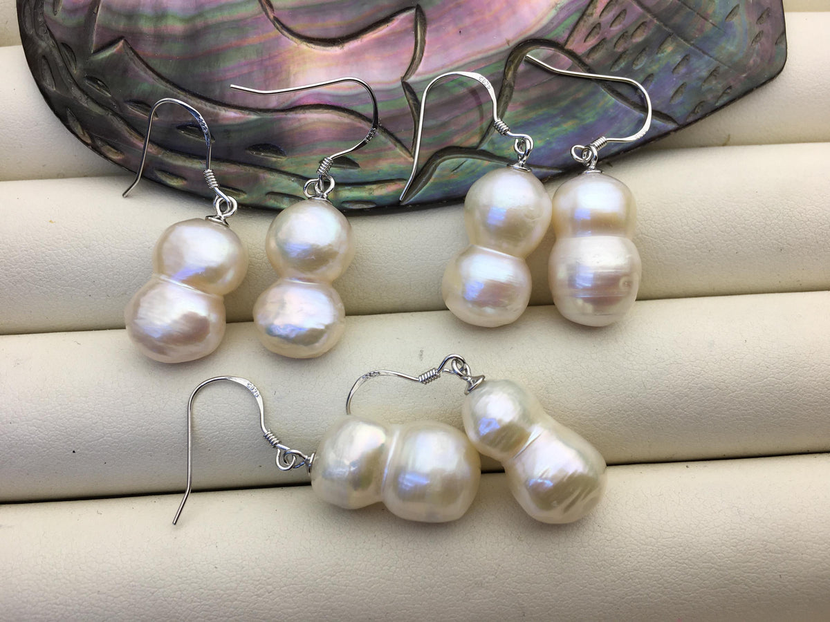 1 pair AA+ 11-13mm White gourd baroque pearl dangle earrings, S925 Sterling Silver dangle earrings, wedding pearl earrings, SE3-T10
