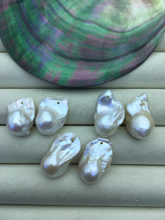 White Baroque Freshwater Pearl Pairs, 13–17mm, AAA-, 1.0mm Side Hole, 2 Pairs