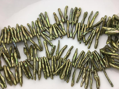 AA 3-5mm green toothpick Pearl Necklace,Genuine Fresh Water Pearl,Wedding Necklace,Mothers Day,ZS-80-10-41