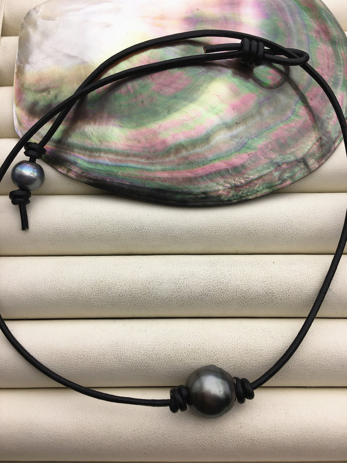 1pc 13-15mm huge big Green Black Tahitian Pearl Choker Necklace, Pearl Leather Necklace, Black Leather Pearl necklace, Le11-005
