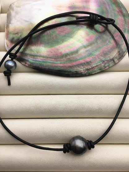 1pc 13-15mm huge big Green Black Tahitian Pearl Choker Necklace, Pearl Leather Necklace, Black Leather Pearl necklace, Le11-005