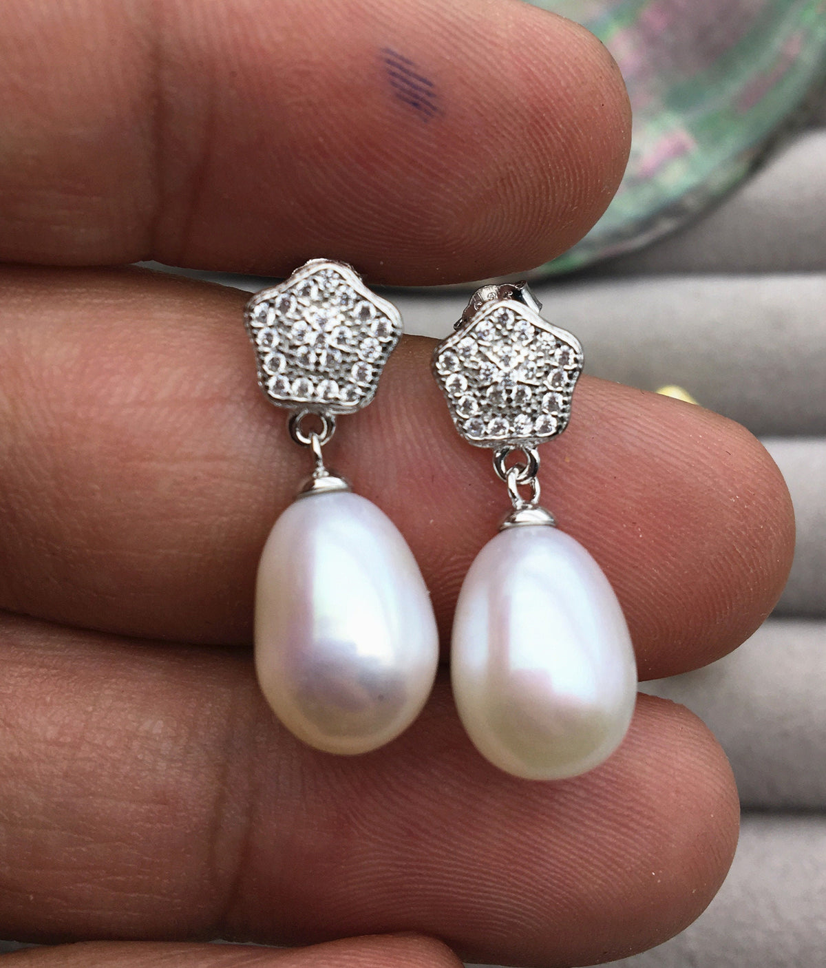AAA 9mm White rice pearl Pentagon cz stud earrings,S925 Sterling Silver pearl earrings,pearl for women for girl,SE3-138