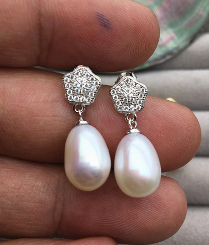 AAA 9mm White rice pearl Pentagon cz stud earrings,S925 Sterling Silver pearl earrings,pearl for women for girl,SE3-138