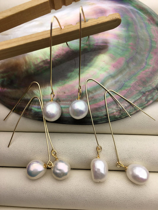 1 pair White 11mm big nugget freshwater pearl dangle earrings,wedding pearl earrings,SE3-131-1