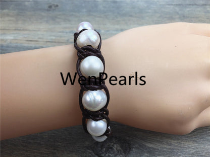 Big potato pearl bracelet, Leather Pearls Bracelet, Handmade Cuff, White Pearls on Brown Leather, Black leather bracelet, Le7-032