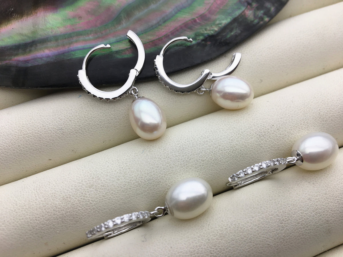 AAA white oval pearl earring wedding,Sterling Silver rice pearl dangle earrings,bridal earrings pearl,SE3-070