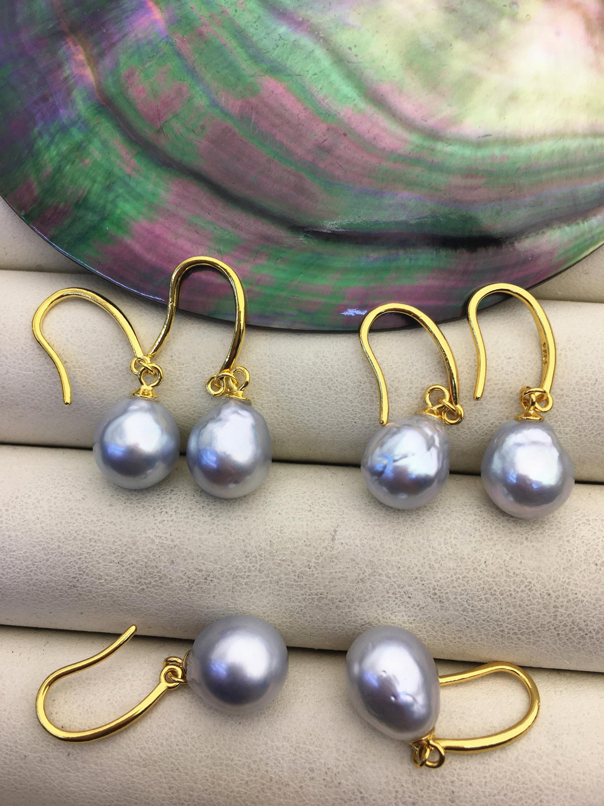 1 pair AA+ 9-10mm Silver Gray South Sea drop pearl Gold dangling earrings,SE3-109-5