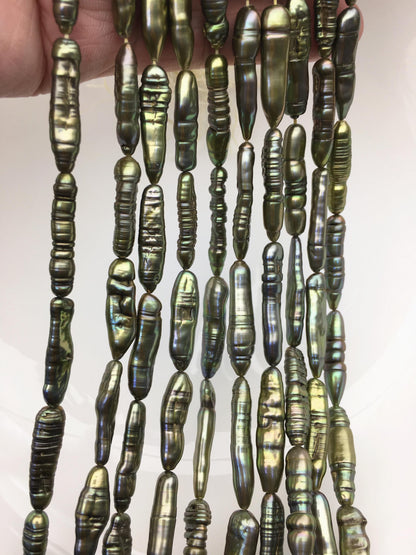 AA+ 6-7mm green toothpick Biwa Pearl Necklace,Genuine Fresh Water Pearl,Wedding Necklace,Mothers Day,ZS-80-10-15