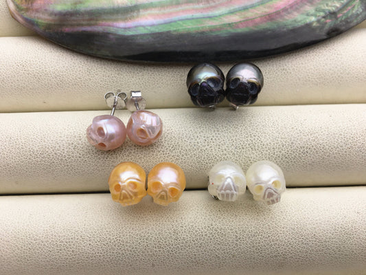 AAA 8mm/10mm white/pink/purple/black/gray HandMade Carved Skull Freshwater Pearl Stud Earrings, Stud Earrings for Women Girls, SE3-016