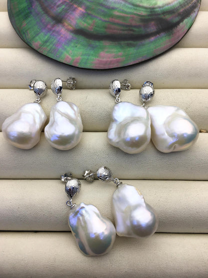 1 pair AAA 13-17mm white flame ball pearl silver shell stud earrings, sterling silver, earring with white baroque Natural Pearl, SE3-031-23