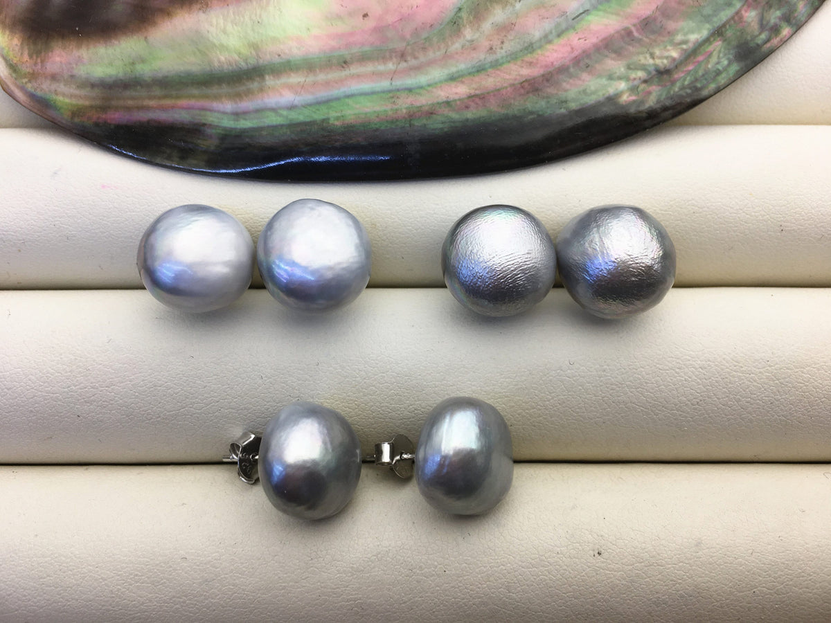 2 pairs AA+ 12.5-13mm big gray Thick skin button round Pearl Stud Earrings, freshwater pearl earrings, classic pearl studs, SE1-069-31
