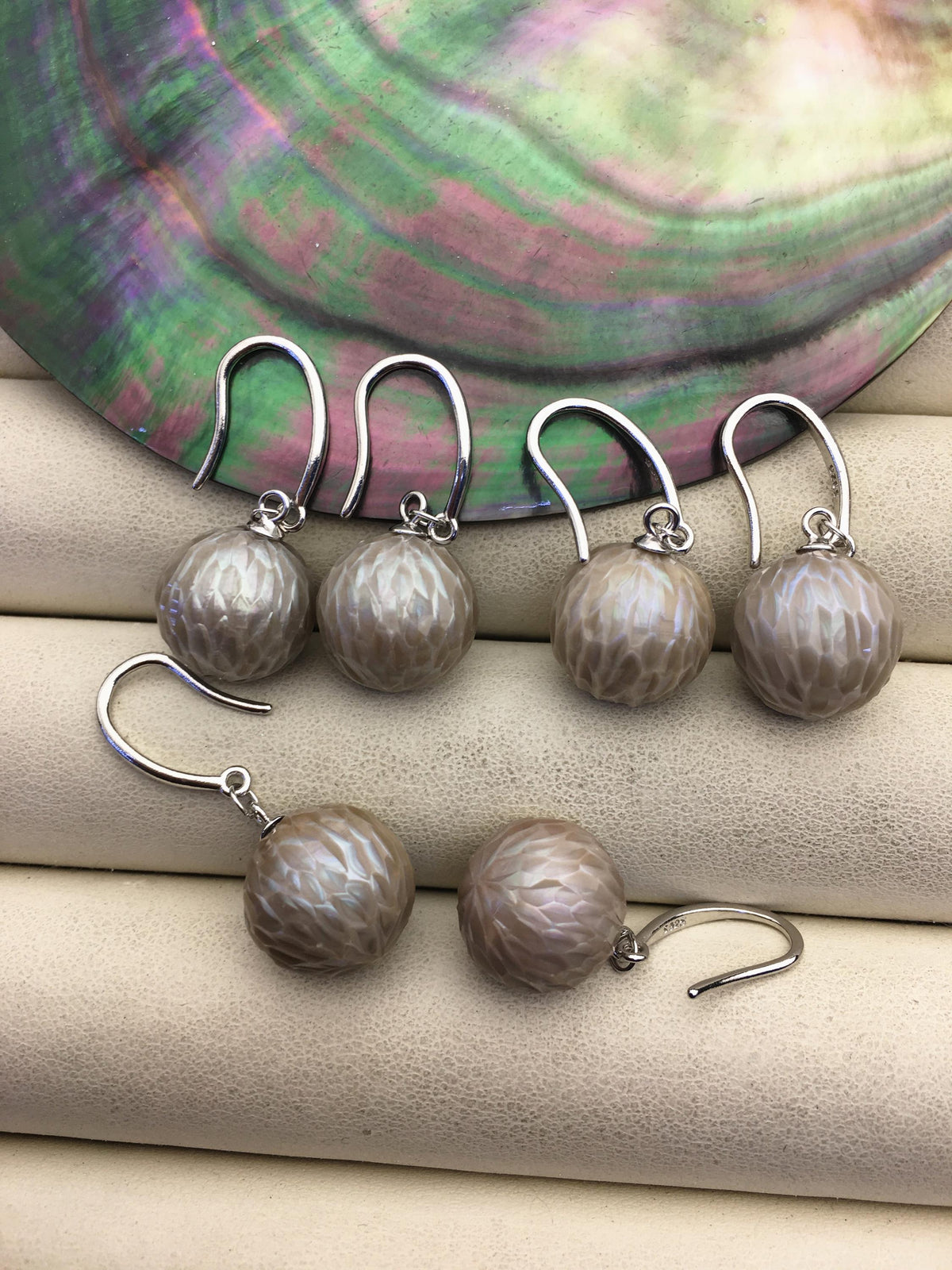 1 pair AAA 11-13mm gray handmade carved round pearl dangle earrings,S925 sterling silver earrings,SE3-T9-58