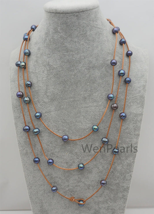 Long deep blue Freshwater Pearl and Leather Lariat Necklace, Light brown Leather Pearl necklace, Leather baroque pearl, Le4-113