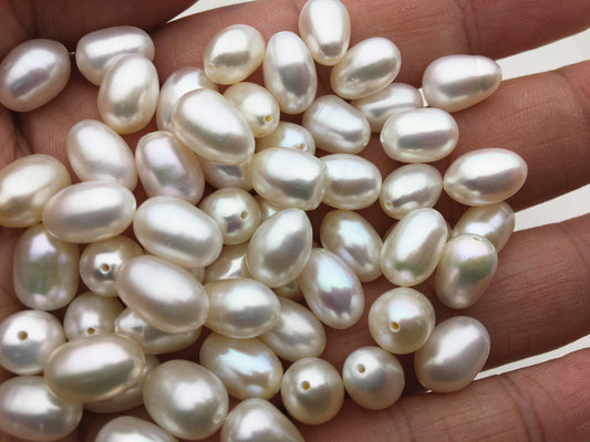 30pcs AAA 7.3-8.3mmx10.5-11.5mm LONG white rice freshwater pearls, white oval pearl, for make dangle pearl earrings, LR8-3A-5-1