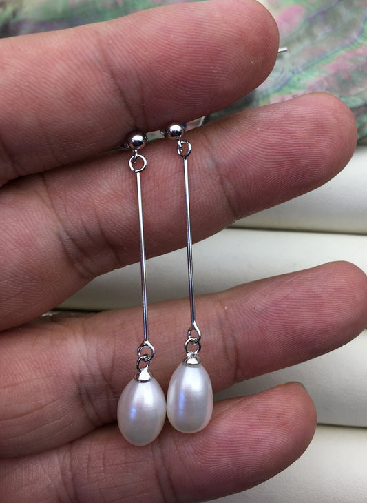 AAA 8mm White rice pearl Tassels dangle earrings,S925 Sterling Silver pearl earrings,pearl for women,SE3-169