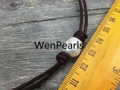 Leather Rice Pearl Choker, Pearl Leather Necklace, bracelet, White Freshwater pearl, Black Leather Pearl necklace, BROWN, Le1-051