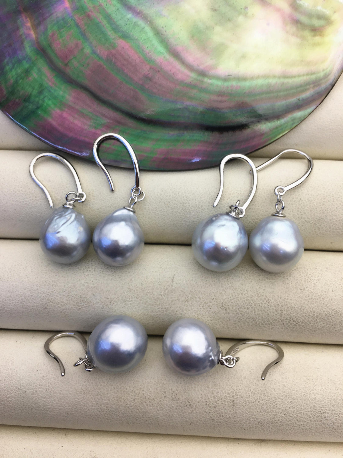 1 pair AA+ 11-12mm Silver Gray South Sea drop pearl dangling earrings,SE3-109-6