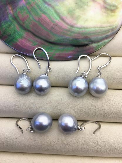 1 pair AA+ 11-12mm Silver Gray South Sea drop pearl dangling earrings,SE3-109-6