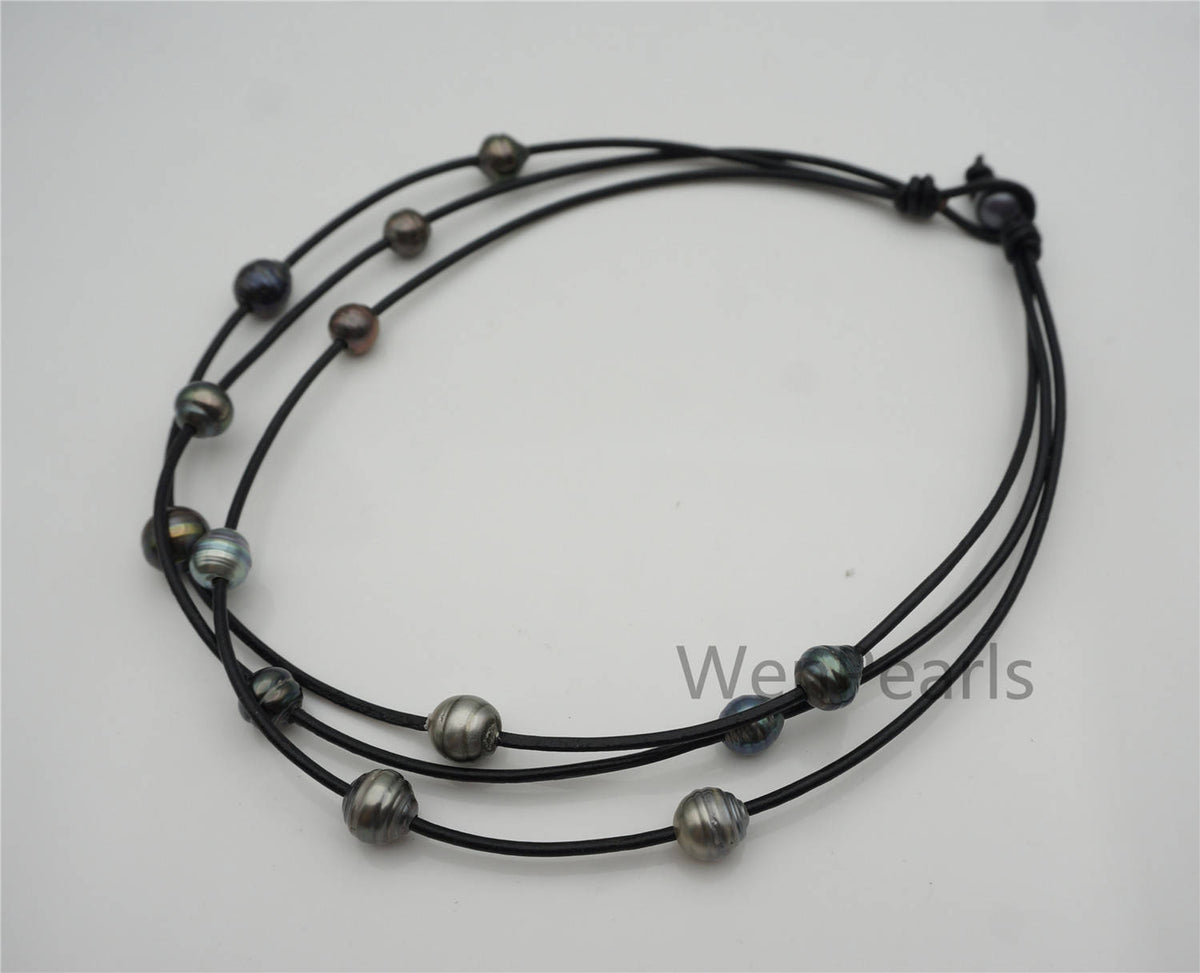 Tahitian Pearl and Leather Necklace, Floating pearl and leather Necklace, Multi-Strand Pearls necklace, Le11-024